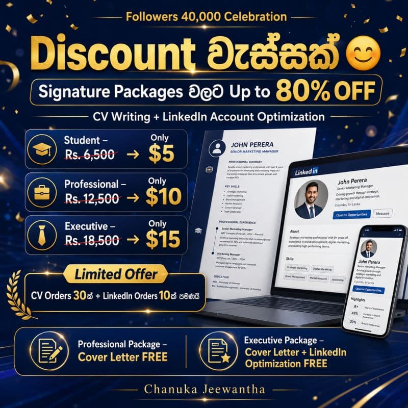 40,000 followers celebration — Signature CV Writing and LinkedIn Optimization packages up to 80% off. Student Rs. 6,500 to $5, Professional Rs. 12,500 to $10, Executive Rs. 18,500 to $15. Professional gets a free cover letter; Executive gets a free cover letter and LinkedIn optimization.